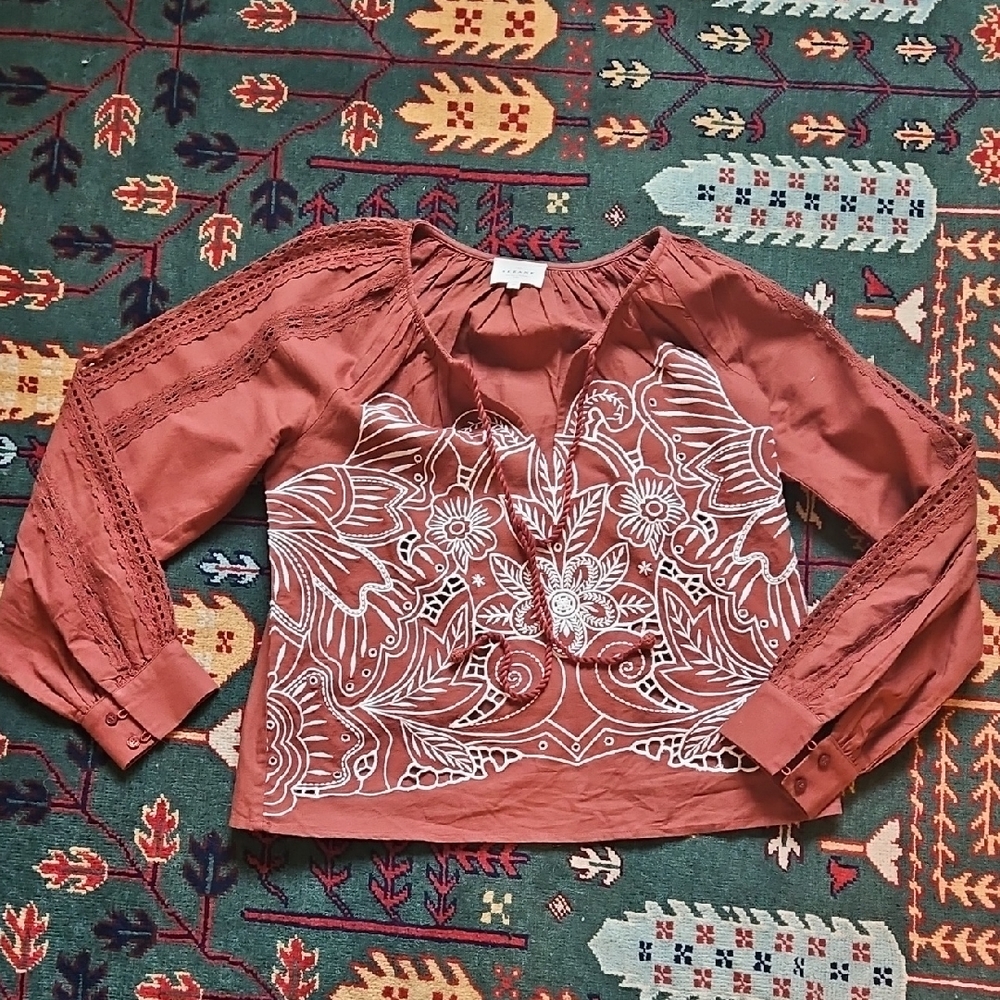Sézane Moana Terracotta Blouse with White Embroidery